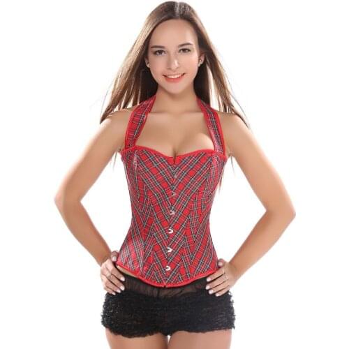 Women Sexy Red Plaid Halter Overbust Corset Waist Cincher Lace Up Corset Bustier Lingerie Top Fashion Straps Corsets