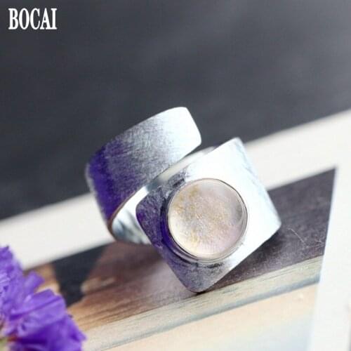 925 sterling silver New brushed silver ring s925 silver mosaic with natural pink spar adjustable silver woman ring