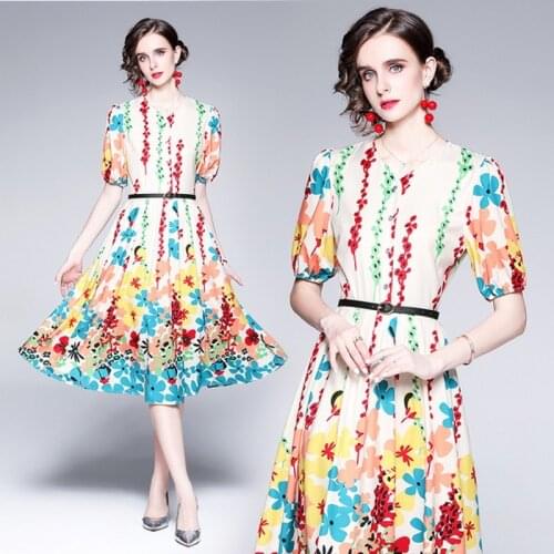 2021 summer fashion Casual women short Sleeve V neck Flower Printed Dress women Midi Party Dress