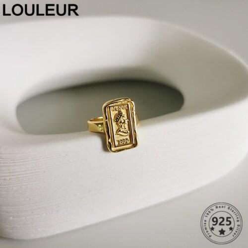 LouLeur Golden 925 Sterling Silver Ring Retro Rectangle Relief Head Rings for Women Adjustable Ring Women Silver Jewelry