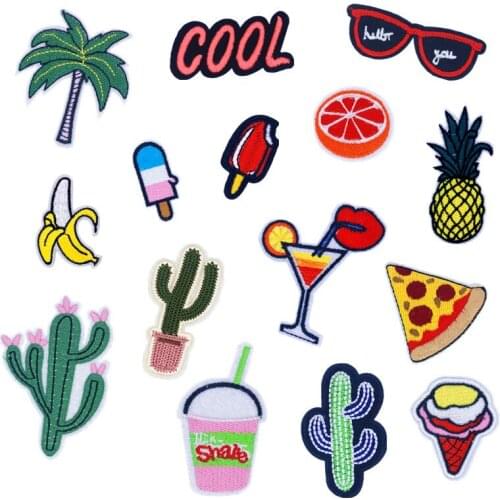 50pcs/lot Embroidery Patch Cactus Ice Cream Coconut Lip Drink Clothing Decoration Sewing Accessories Iron Heat Transfer Applique