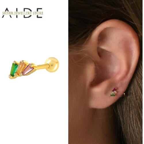 AIDE 1Pc 925 Sterling Silver Geometric Stud Earrings For Women Minimalism Colorful Zircon Piercing Earings Fine Jewelry kolczyki