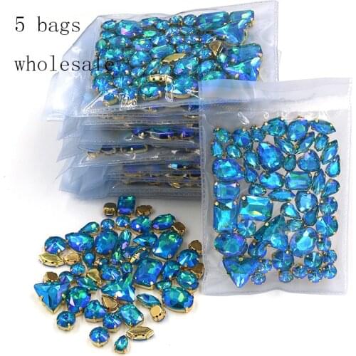 Free shipping Wholesale 5 bags mixed shape sew on glass Lake Blue AB gold base rhinestones diy dress/Clothing accessories