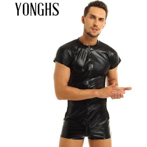 Men Latex Bodyssuit Patent Leather Short Sleeves Front Zippered Bulge Pouch Lingerie Leotard Bodysuit with Mesh Side Sex Costume