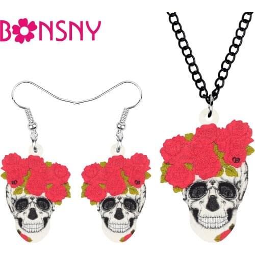 Bonsny Acrylic Halloween Flower Skull Jewelry Sets Long Aesthetic Necklace Earrings For Women Girls Kid Trendy Gift Accessories