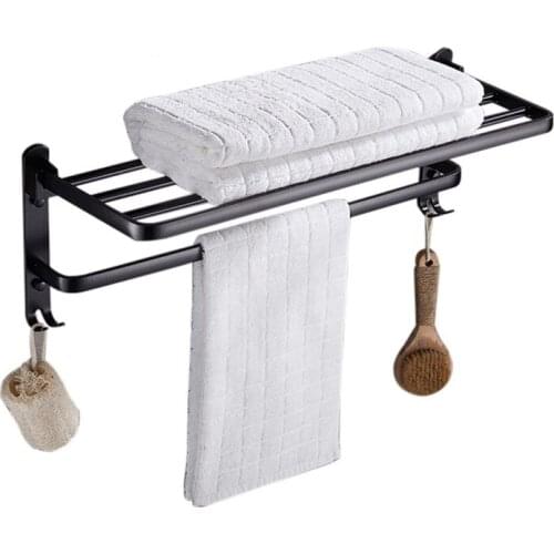 Black Space aluminum Wall Mounted Foldable Bathroom Towel Rack Holders Shower Towel Rack Shelf Bar with hooks