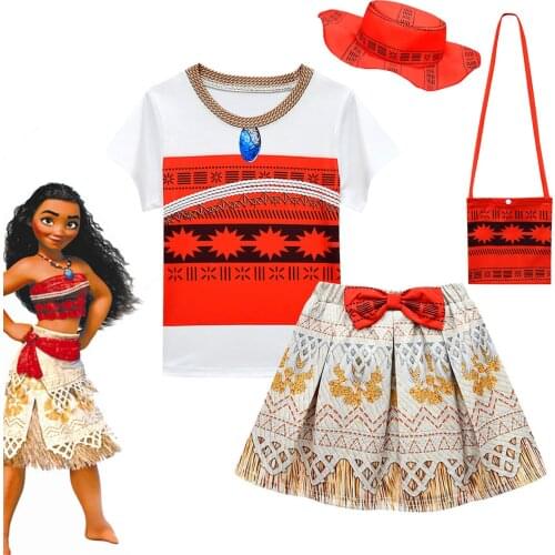 Kids Clothes Girls Moana Cosplay Costume 2021 Summer Short T-shirt and Skirts Bag Hat Sets Baby Children Birthday Party Clothing