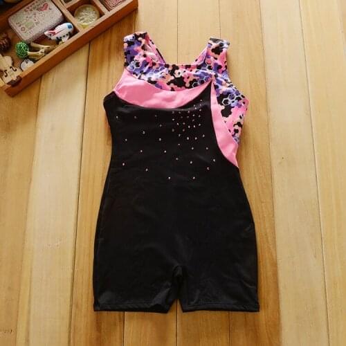 Children gymnastic biketard foil printing pink rhinestone tank dance leotard performance gymnastics