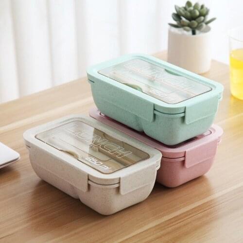 Wheat Straw Lunch Box Microwave Bento Boxes With Spoon Chopsticks Plastic Food Container Lunchbox For Kids Student Office Worker