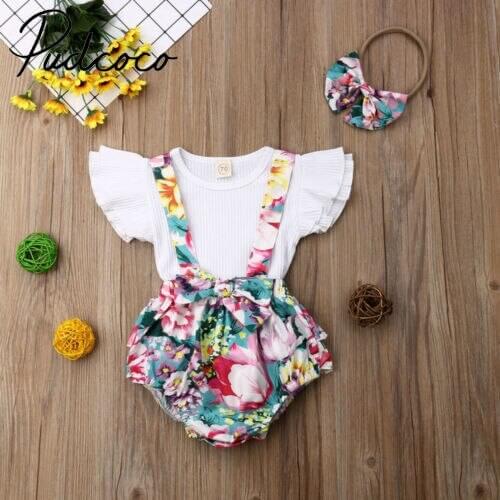 Summer Baby Girl Tracksuit T-shirt Tops Floral Bib Romper Strap Jumpsuit Outfit Clothes Overalls 0-18 Months
