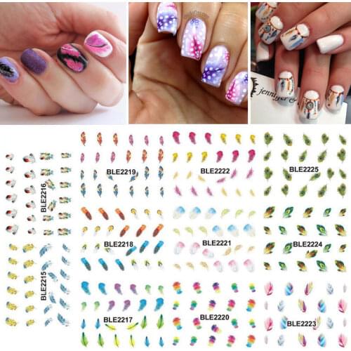 11Sheets=1lots Water Transfer Nails Art Sticker Festive Feathers Nail Decals, 11 Sheets Set