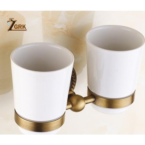ZGRK Cup & Tumbler Holders Retro Brass Material Wall Mounted Bathroom Accessories Brass Double Cup Toothbrush Holders