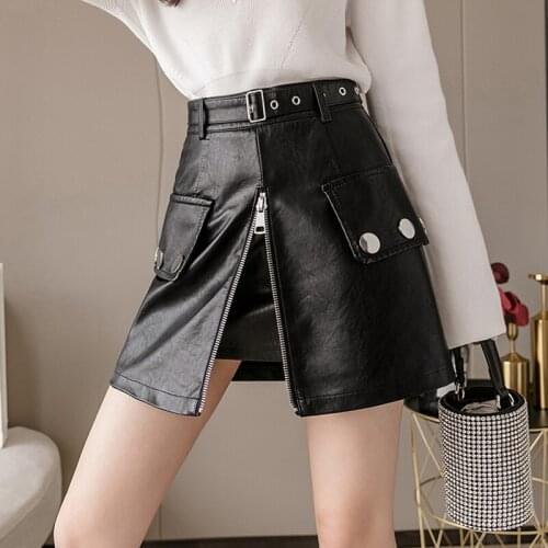 2020 new autumn and winter design sense high waist split pu leather street work dress short skirt a-line skirt