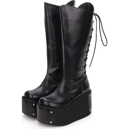 Angelic imprint PU Leather Round Toe Punk style Lolita boots Knee Lace Up High Boots Lolita Shoes Knee High Boot size35-46 6020