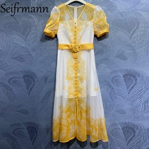 Seifrmann New 2021 Summer Women Fashion Designer Party Long Dress Lantern Sleeve Single Breasted Sashes Printed Ladies Dresses