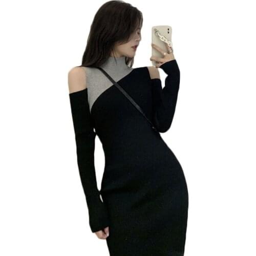 Spring and Autumn Sweater Dress Women Casual Slim Half-collar Long-sleeve Knitted Dress Female Bottoming Mid-long Dress NS2637