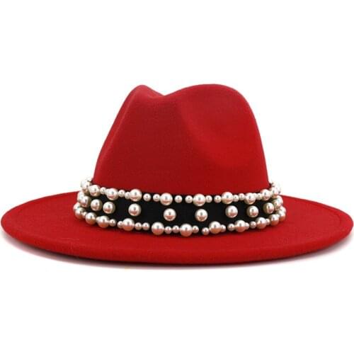 Women Men Wool Fedora Hat With Pearl Ribbon Vintage Panama Jazz Gentleman Elegant Lady Winter Autumn Wide Brim Cop