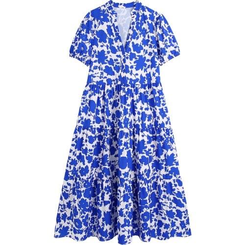 JC·KILIG 2021 Blue Bubble Sleeve V-neck Dress B1654