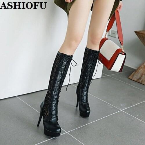 ASHIOFU 2020 New Hot Sale Ladies High Heels Boots Breathable Lace&Faux Sexy Mid-calf Boots Evening Club Platform Fashion Boots