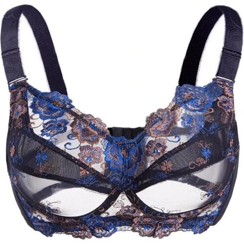 Big Size Womens Full Coverage Lace Floral Embrodiery Ultra Thin Bra Lingerie for Female 34 36 38 40 42 44 46 48 B C D E F G H