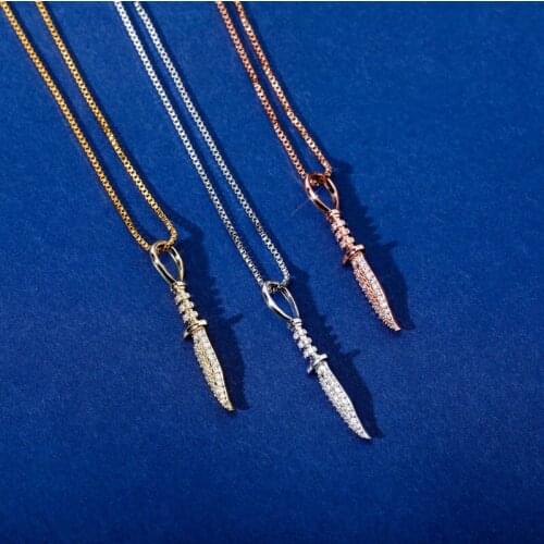 S925 Sterling Silver Hip Hop CZ Stone Paved Bling Ice Out Dagger Pendants Necklaces for Women Men Fashion Jewelry