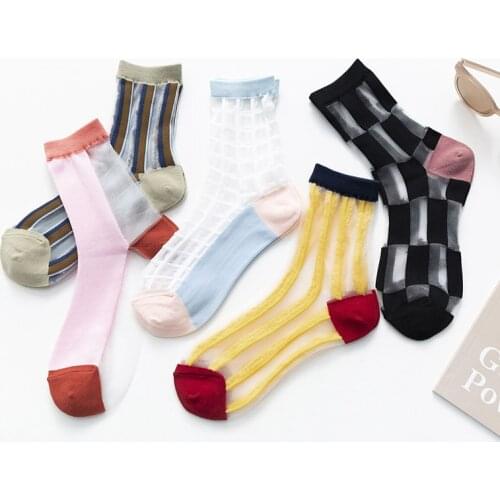 1 Pair Fashion Plaid Ultra Thin Crystal Short Silk Socks Summer Women Trendy Striped Elastic Transparent Nylon Socks Girls Sox