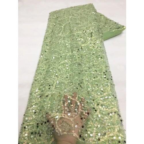 5yards/pc) High quality lemon green African tulle lace with fine tube beads and sequins embroidery for attractive dress FZX128