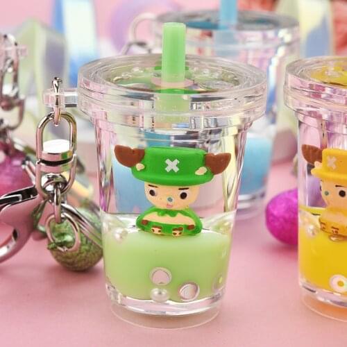 Acrylic Quicksand Milk Tea Cup Keychain Creative Floating Cartoon Chopper Anime Keyring for Men Boy Bag Pendant Key Chains Gifts