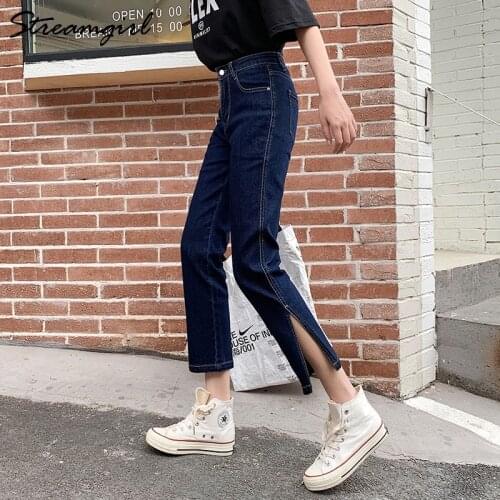 Streamgirl White Straight Jeans For Women Ladies Denim Pantalons Capris High Waist Elastic Black Jeans With Slit Skinny Jean