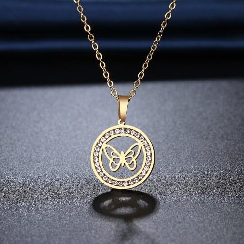 CACANA 316L Stainless Steel Necklace Crystal Rhinestone Delicate Openwork Butterfly Necklaces For Women Valentines Day