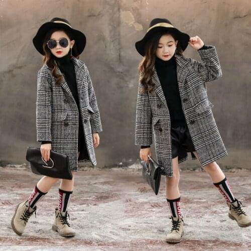 2020 Winter Girls Cotton Long Jackets Kid Outerwear Clothes Turn-down Collar Plaid Woolen Coat Autumn England Teenage Clothes