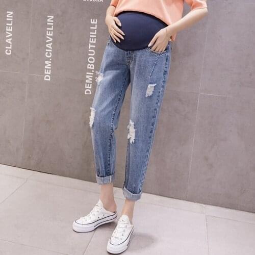 Jeans Maternity Pants Summer Style Straight Loose Loose Hole High Waist Was Thin Daddy Nine Points Carrot Belly