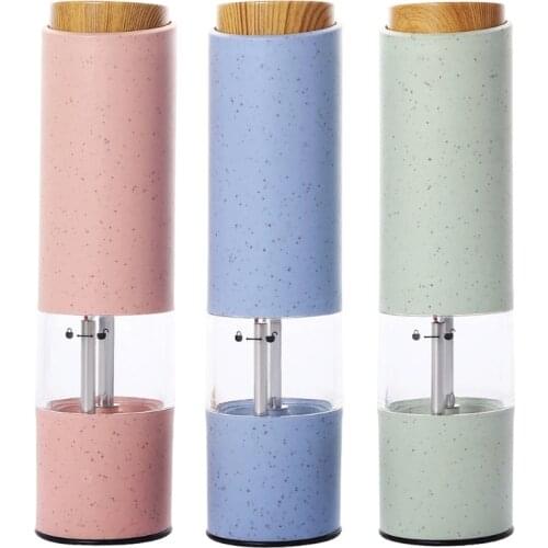 Wheat Straw Electric Pepper Grinder with LED Light Seasoning Salt Spice Herb Grinding Mill Tool Adjustable Coarseness Ceramic C
