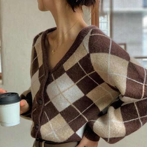 French Retro Long Sleeve Women Rhombus Cardigan Sweater Autumn Winter Plaid Loose V-Neck Short Knitted Top женские свитера