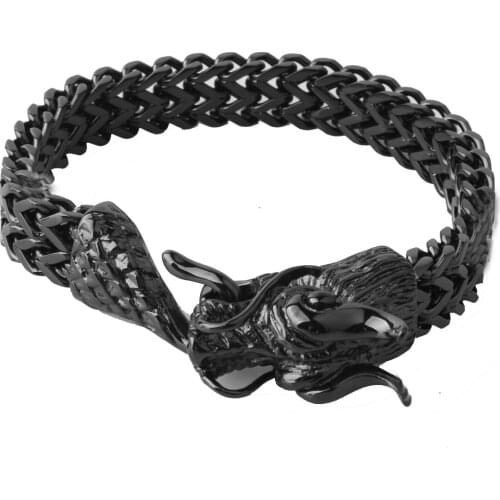 12mm Cool Mens Vintage Black Dragon Head Bracelet On Double Foxtail Chain for Men Stainless Steel Jewelry with 9 inch