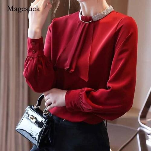 2020 New Autumn Elegant Solid Chiffon Womens Blouse O-Neck Long Sleeve Pullover Tops Spliced Ladies Shirt Blusas Mujer 10667
