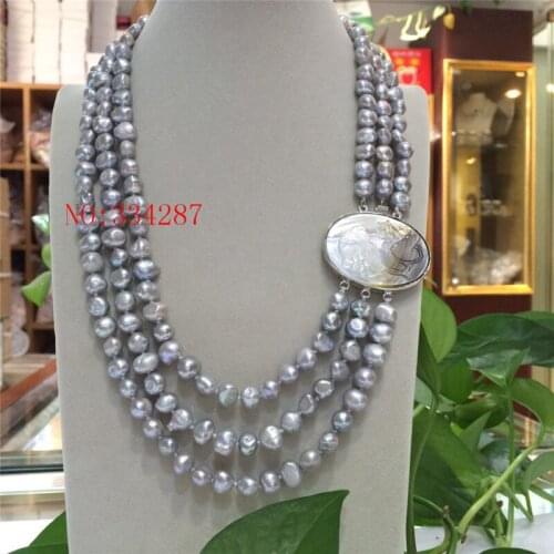 NEW Baroque 19" 3row 8-9mm Pink grey white color multicolor pearls necklace seashell clasp