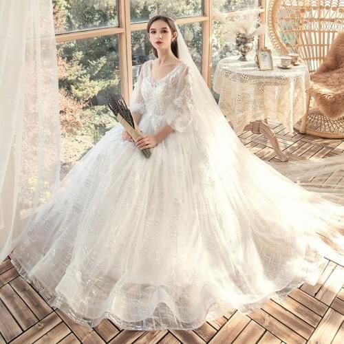 Diamond One-shoulder Dreamy Slim-fit Mid-sleeve Lace Knot Wedding Dress Ground Wedding Dress Thin and Elegant Tail Dress Spring
