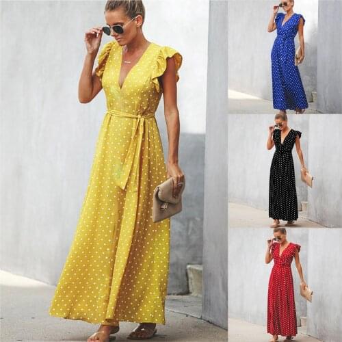 Women Maxi Boho Printed Dress Summer Holiday Beach Sundress Ladies Casual Dot Print Bodycon Sleeveless V-Neck Sexy Long Dress