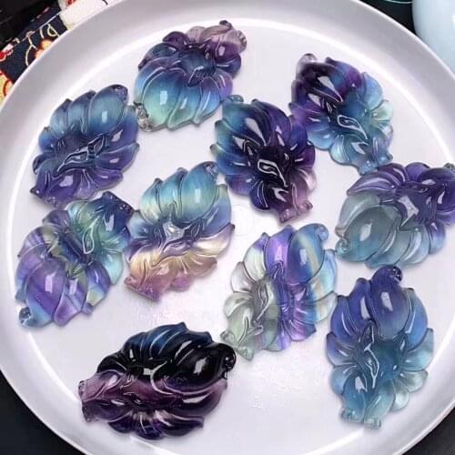 Natural Fluorite Crystal Colorful nine tailed fox quartz pendant hand carved gemstones for gift