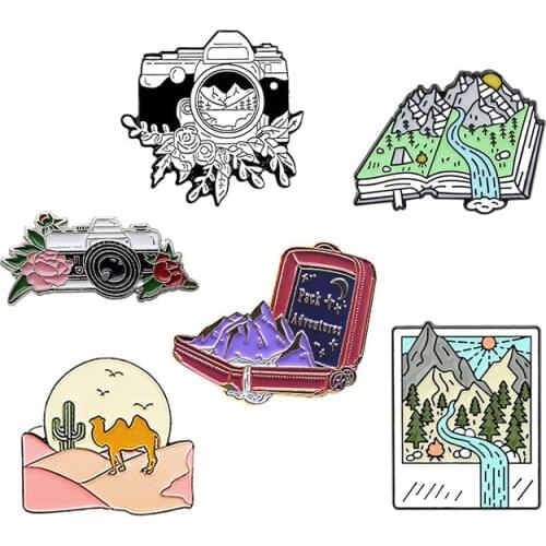 Bring your luggage and camera enamel pins Brooches travel landscape desert camel book flower mountain river camping logo badge