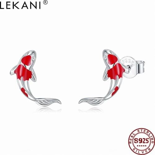 LEKANI Cute Fish Red Enamel Stud Earrings for Women 925 Sterling Silver Lucky Koi Ear Studs Genuine Cubic Zirconia Fine Jewelry