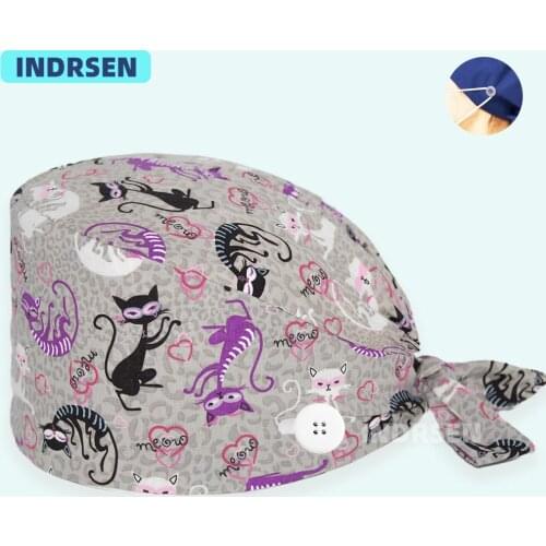 Fashion Scrub Cap with buttons Women Men Working Uniform Caps Cotton Dogs Printed Dentist Surgeon Lab Beauty Salon Surgical Hat