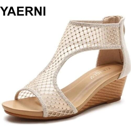 YAERNI Sandals womens shoes 2021summer new all-match comfortable casual mesh womens shoes thick-soled wedges plus size mother