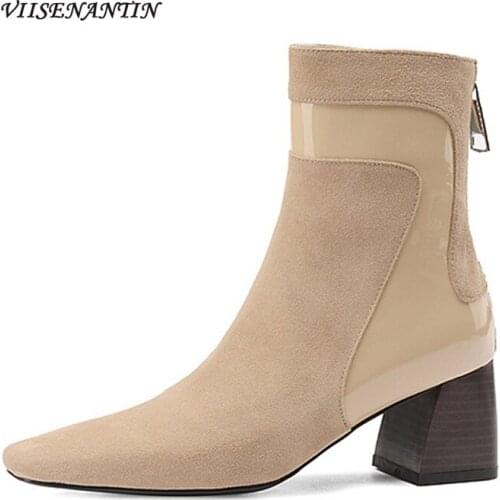 Suede Autumn and Winter Fashion New Rear Zipper Square Toe High Thick Heel Short Boots Color Block Beige Desiger Shoes for Women