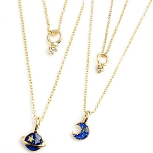 Space Universe Planet Moon Pendant Necklaces for Women Bijoux Double Layer Chain Alloy Fashion Jewelry Best Gift