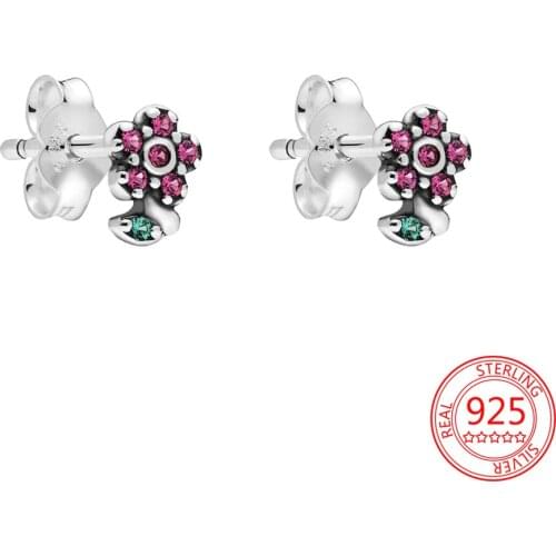 100% 925 Sterling Silver Female Models Suitable for Valentines Day Gift Fashion Red Zircon Little Red Flower Double Earrings