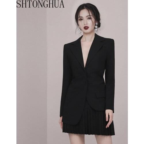 Lapel Collar Irregular Coat Pleated Mini Skirt Two-Piece Suit 2019 New V Neck Long Sleeve Women Office Fashion Wearing