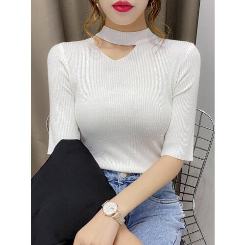2021 Summer New Hollow Out Short Sleeve Women Sweater Korean Casual Solid Color Knitwear Cut-Outs Turtleneck Ice Silk Pullovers