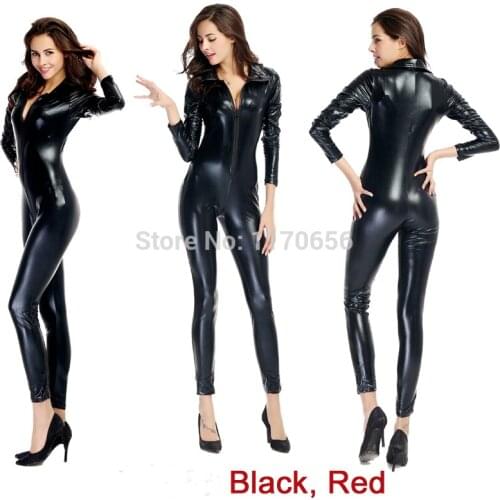 Red Black New Arrival Latex PVC Bodysuit Front Zip Catsuit Sexy Wet Look Faux Leather Stretch Lingerie Jumpsuit Costume